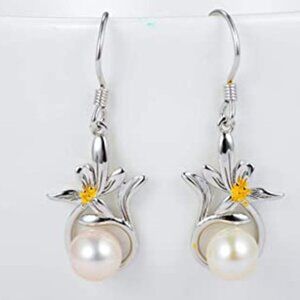 💥925 Silver Plated Flower Pearl Drop Dangle Earrings, MLNN1229